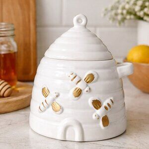 White Ceramic Bee Honey Pot With Lid Beehive Decor Honeybee Honeypot Kitchen Dec